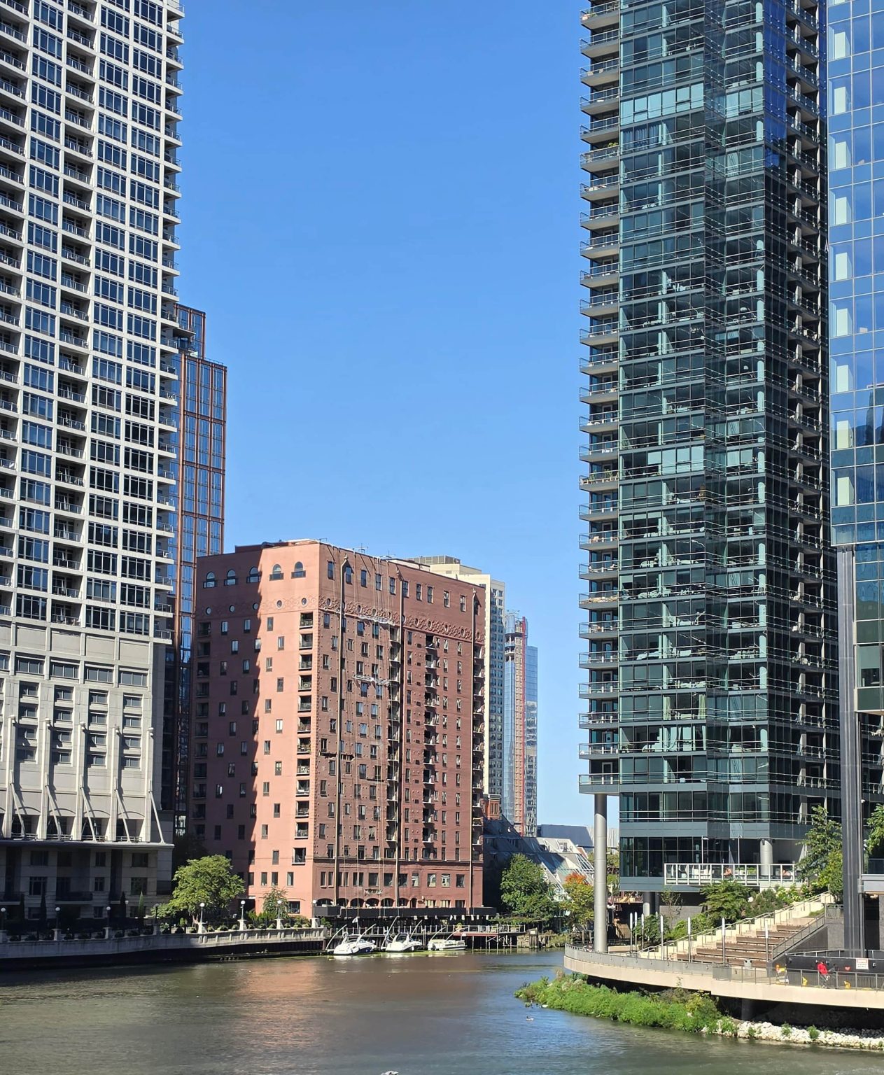 Riverfront buildings along the Chicago River in River North.