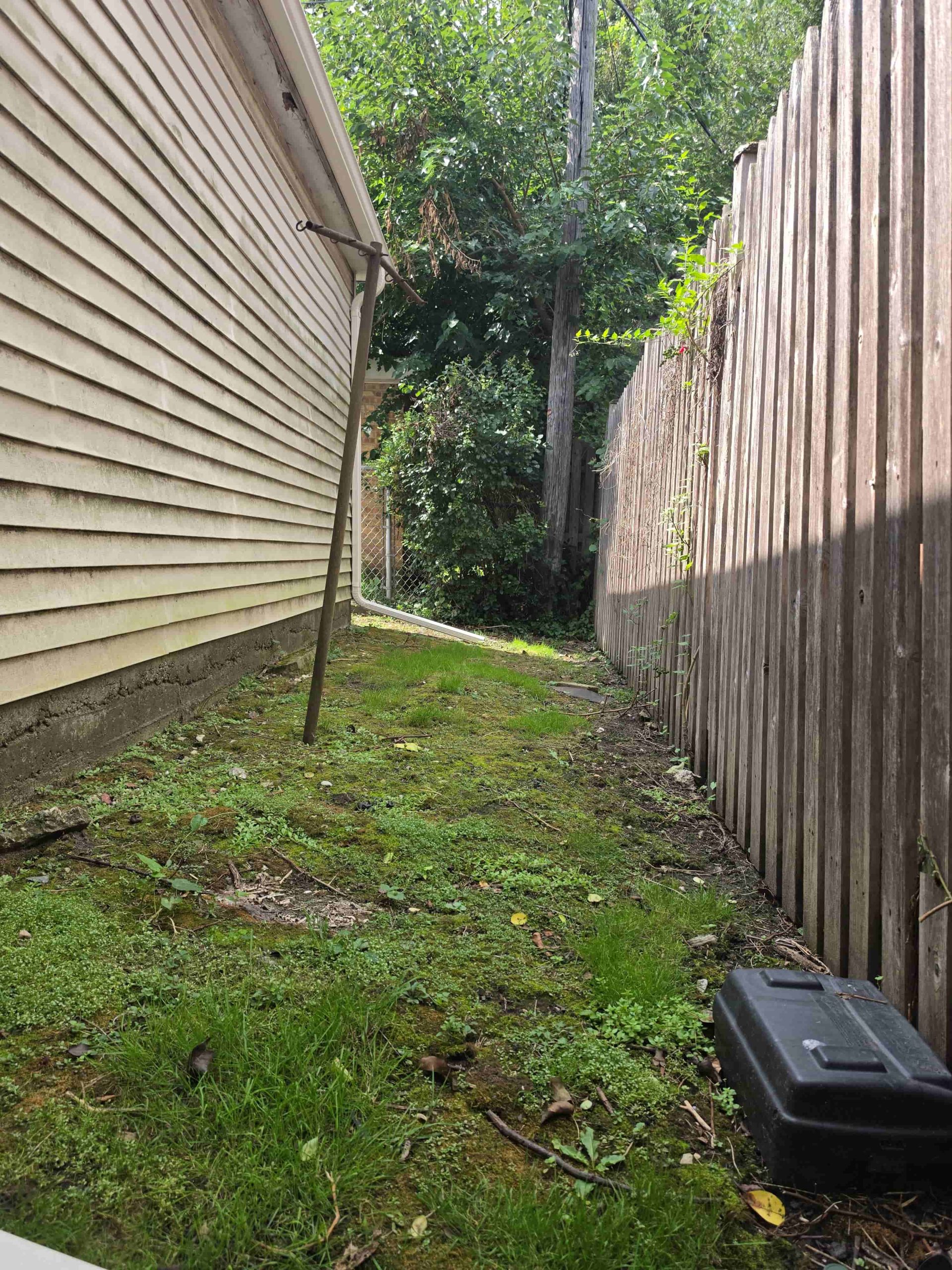 Narrow exterior passage between a Lincolnwood home and wood fence.