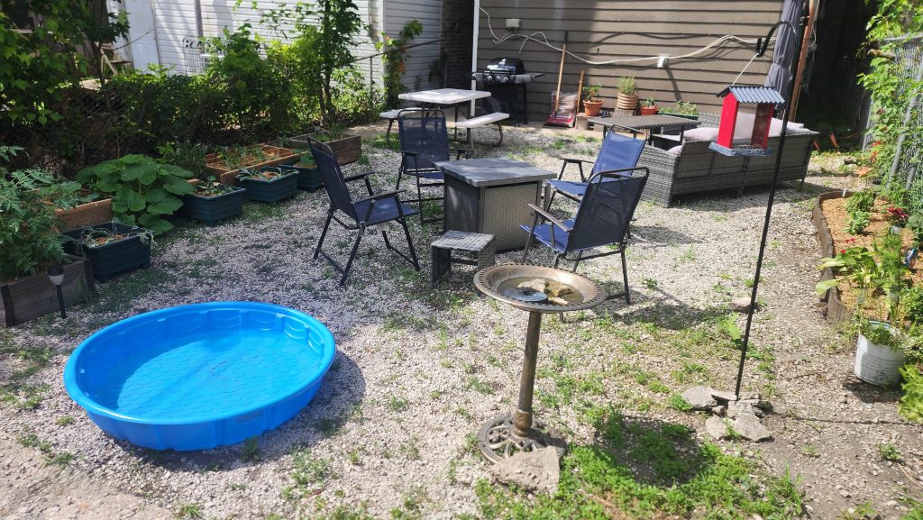 Backyard with seating, planters and a small pool.