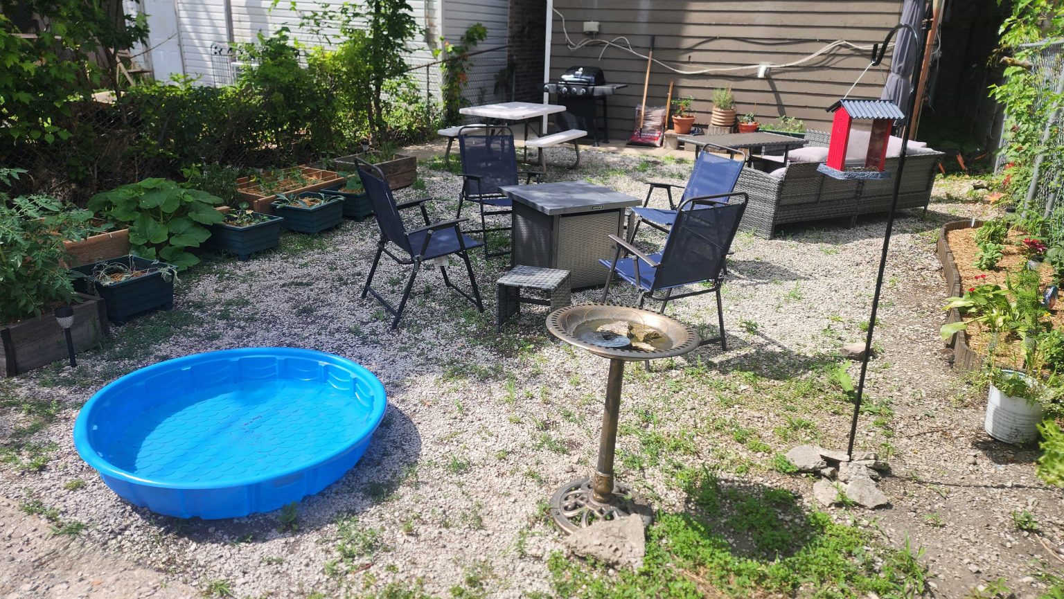 Backyard with seating, planters and a small pool.