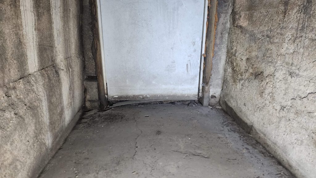 Lower basement door between concrete walls.