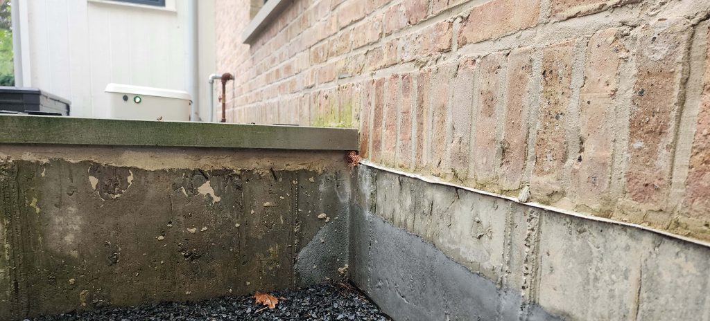 Wall and foundation corner photographed after yellow-jacket service.